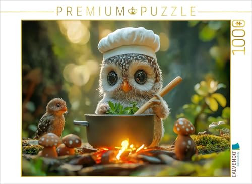 CALVENDO Puzzle Süße Eule kocht am Lagerfeuer - Köstliche Waldgerichte von der Eulenköchin | 1000 Teile Lege-Größe 64 x 48 cm Foto-Puzzle für glückliche Stunden