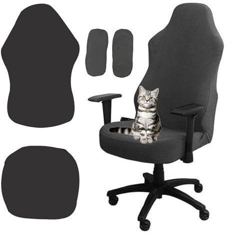 Yixinly Housse Chaise Gaming, 4 Pcs Housse Fauteuil Bureau, Housse Gaming Housse Fauteuil de Bureau Housse de Chaise de Jeu Rétractable, Amovible, Lavable et Antidérapante (Gris Foncé)