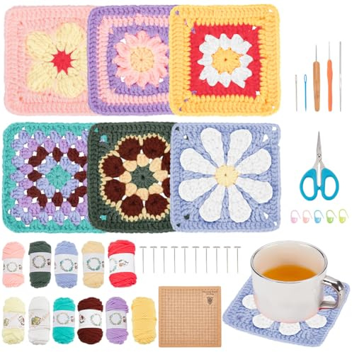 ORIGACH Kit 6 in 1 per principianti e adulti, realizzato a mano per nonna, kit all'uncinetto quadrato Daisy Granny Square con tappetino per blocco all'uncinetto, tutorial video passo dopo passo