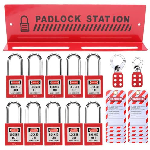 Trisoye Lockout Tagout Station with 10 Keyed Different Safety Padlocks 2 Hasps and 10 Lockout Tags, Iron Locks Rack