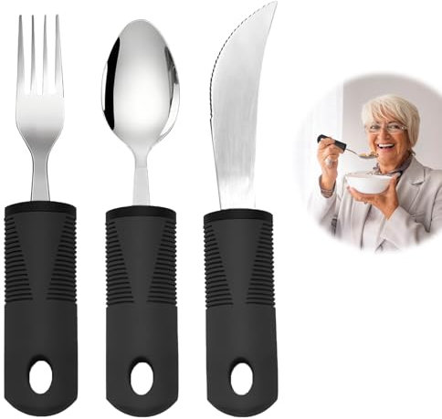 Easy Grip Cutlery Set of 3 Extra Wide Chunky Handles Disability Aids for Disabled Hands with Bend Knife Fork Spoon Ideal Dining aid for Elderly Arthritis Parkinson'Disease Tremors Sufferers (Black)