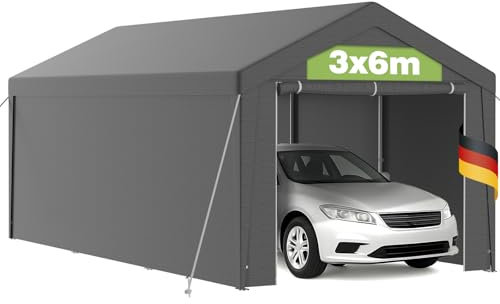 Tente Garage Carport 3x6 m en Acier Galvanisé, Couverture PE 200g/m² Imperméable Résistante UV, Parois Latérales Amovibles, Abri Extérieur pour Voiture Bateau Outils Jardin - Gris