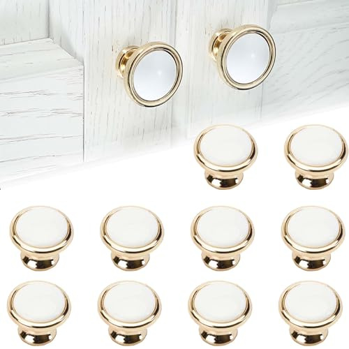 SVOCK 10 Stück Schrankgriffe Gold, Möbelgriffe Gold Weiß, Goldene Griffe Kommode, Rundknöpfe mit Schrauben, Schubladengriffe Modern für Schubladen Schränke Frisiertische Kleiderschränke