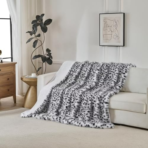Luxuriöse, flauschige Kunstfell-Überwurfdecke, dick, flauschig, gemütlich, Plüschdecken für Couch, Sofa, Stuhl, Bett, Schneeleopard, 152 x 203 cm