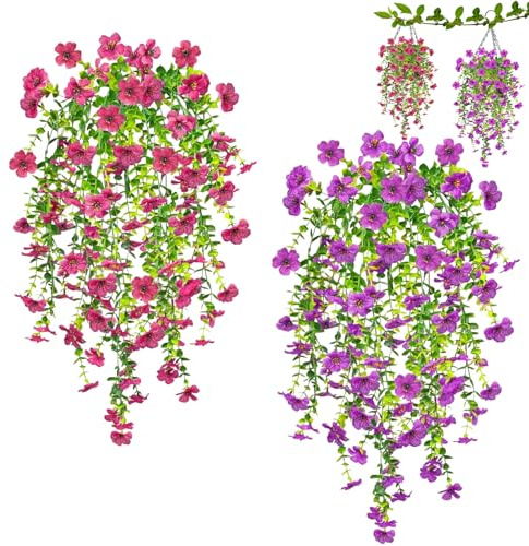2 Stück Veilchen Künstliche Pflanzen Kunstblumen Wie Echt 76cm | Künstliche Hängepflanzen Wie Echt, Lila & Rot Fake Flowers, Artificial Plastikpflanzen Hängend, für Garten Balkon Dekoration