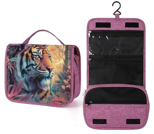 Majestic Reise-Kulturbeutel mit Dschungel-Tiger-Motiv, zum Aufhängen, Make-up-Organizer mit Haken für Shampoo