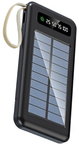 Vestamore Chargeur solaire de grande capacité 10 000 mAh, banque d'alimentation extérieure blanche avec câbles intégrés, indicateur LED et lampe de poche, plusieurs ports USB, certifié FCC CE