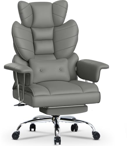 Racingreat Comfy Executive Desk Office Chair with Footrest, Big Tall Adjustable Computer Leather PU Recliner, Home Ergonomic Office Cross Legged Chair, High Back Gray Heavy Duty Work Swivel Chair