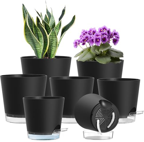 WSMKSZ 7 Pack Self Watering Plant Pots, 10 to 20cm Plastic Flower Pots | Planters Pots with Clear Reservoir, Visible Water Level & Drainage Holes, Cotton Wick, for Indoor Outdoor Plants, Black