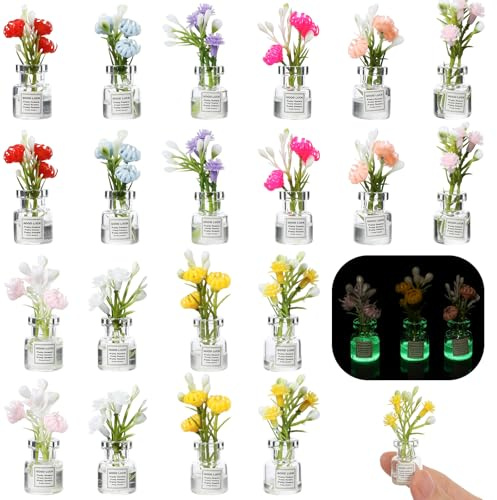20Pcs Dolls House Flower Pots, Mini Glass Flowers,Dollhouse Miniatures Flowers Plants,1:12 Tiny Small Glow In The Dark Glass Vase Flower Plant House Decor, Miniature Plants Accessories for Tiny Houses
