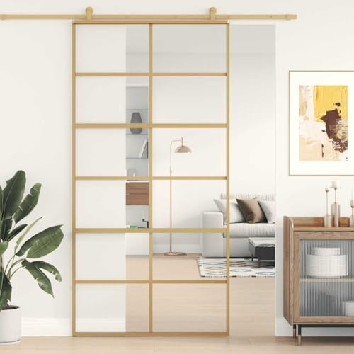 Schiebetür Golden ESG-Klarglas mit Aluminiumrahmen 102,5x205 cm, Innentür mit Zarge komplett, Schiebetür Komplettset für Zimmertüren mit Zarge, modernes Design, geräuschloser Betrieb