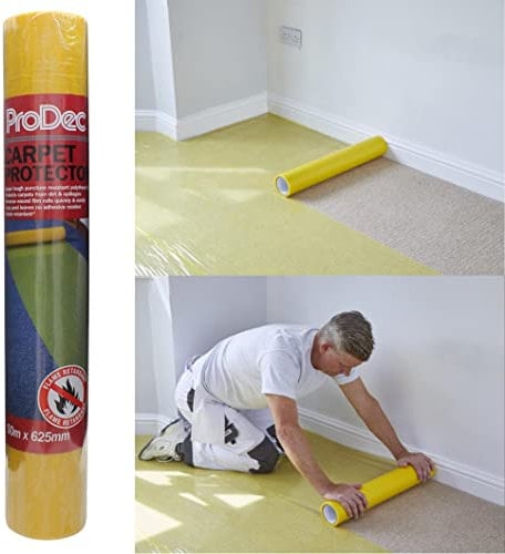 ProDec Rouleau de film protecteur de moquettes de 50 m x 625 mm, plastique auto adhésif robuste, entièrement imperméable, protège moquettes et escaliers, rouleau pour moquettes