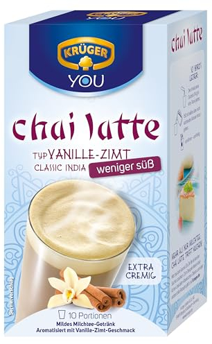 KRÜGER YOU chai latte Vanille-Zimt weniger süß, Instant-Pulver für Teegetränke, aromatisiert mit Vanille-Zimt-Geschmack mit weniger Zucker, 140 g (10 x 14 g Sachets)