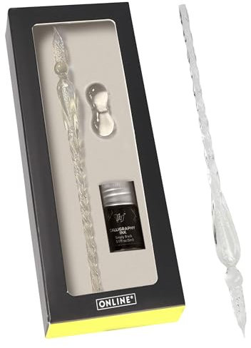 Online Glas Dip Pen, Federhalter aus Glas inkl. Tintenglas schwarz und Stiftehalter, spiralförmiger Kalligraphie-Kristallstift, kunstvolles Schreiben mit Glasstift, Geschenkidee