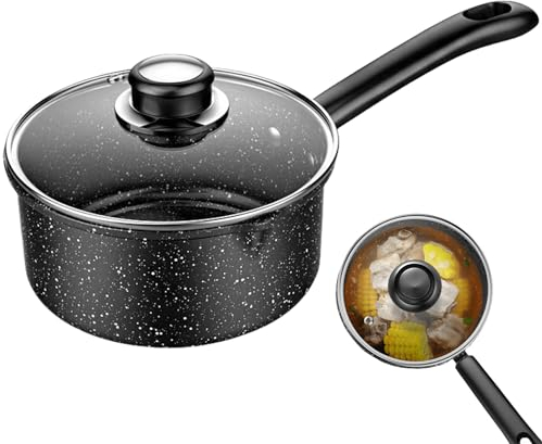Casseruola con coperchio, Ø 16 cm, ca. 1,5 l, con manico lungo resistente al calore, pentola con beccuccio, padella antiaderente a induzione, pentola per latte a induzione, non rivestita, visibile