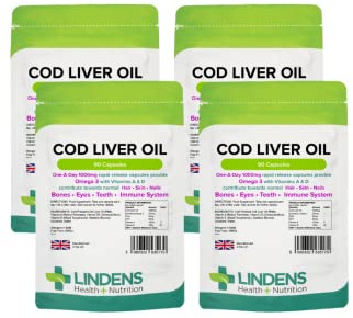 Lindens - Cod Liver Oil 1000mg, 360 Capsules, One a Day - UK Made - Omega 3, Vitamins A & D - Skin, Hair, Nails, Bones, Eyes, Teeth, Brain & Immune System