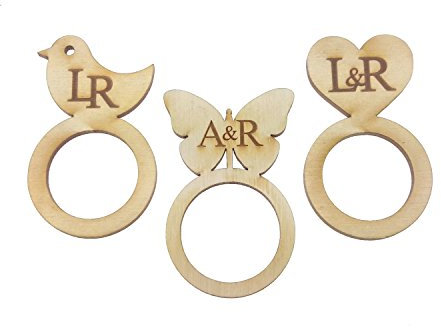 Origin - Hochzeits-Serviettenhalter aus Holz (10 Stück), Schmetterling, Vogel, Herz, Blume, mit personalisierten Initialen Text