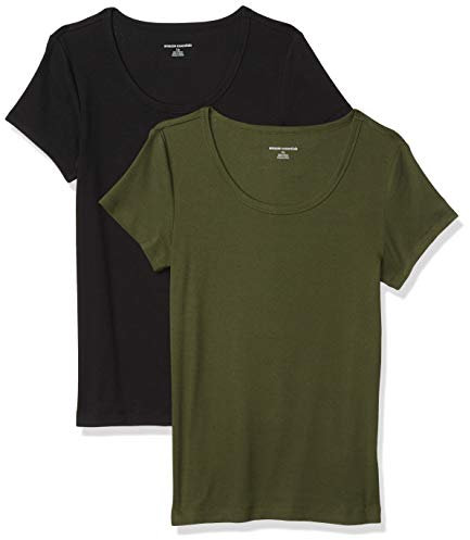Amazon Essentials Women's Slim-Fit Cap-Sleeve Scoop Neck T-Shirt, Pack of 2, Dark Olive/Black, L