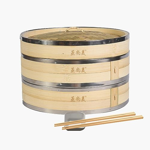 Hcooker 2 Couches Cuisine à Vapeur en Bambou avec Double Bande en Acier Inoxydable pour Petits Pains Asiatiques Boulettes Boulettes Légumes Poissons Riz