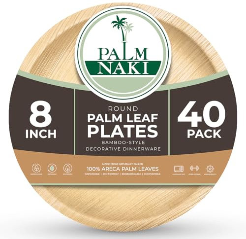 PALM NAKI Platos ecológicos de hoja de palma, redondos de 8 pulgadas, estilo de bambú (paquete de 40), vajilla sostenible, decorativa y compostable (8 pulgadas, platos)