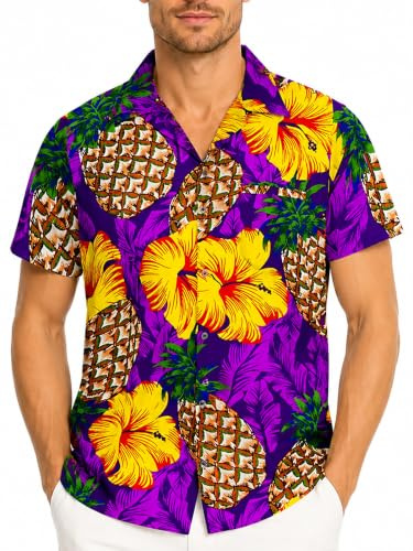 King Kameha Funky Hawaii-Hemd, Herren, Kurzarm, Pineapple-Hibiscus, Violett, M