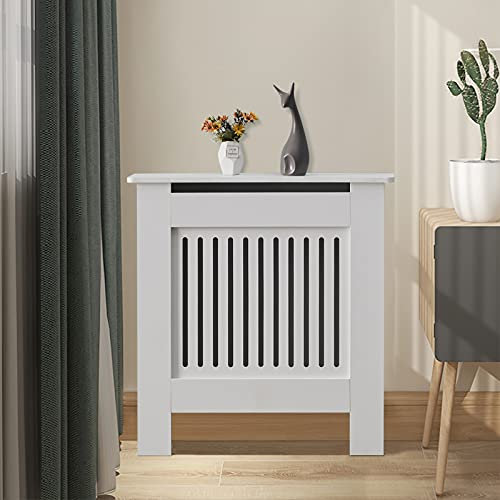 CLIPOP Modern Radiator Cover, White Painted Vertical Slatted MDF Cabinet, Radiator Shelve Cabinet for Living Room Bedroom Furniture (Small)