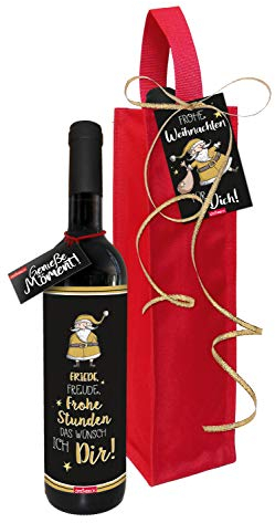 STEINBECK Wein - Frohe Weihnachten - Weihnachtsessen Geschenk trockener Rotwein aus Spanien 100% Tempranillo in Flaschentasche Weihnachtsfeier mit Botschaft schwarz gold