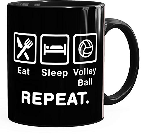 MoonWorks® Kaffee-Tasse mit Spruch Eat Sleep Repeat Mega Mix Bürotasse lustige Geschenke Kaffeebecher Volleyball schwarz Keramik-Tasse