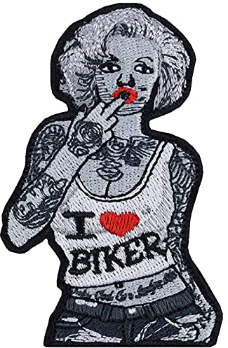 Marilyn Monroe Patch I Love Biker bestickter Aufnäher/Patch - Aufbügler Mittelfinger Fuck Applikation - Biker girl Bügelbilder zum aufbügeln/annähen - 55x85mm