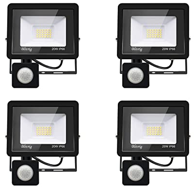 Blivrig LED Strahler mit Bewegungsmelder Außen 20W Kaltweiss, Fluter mit Bewegungssensor, Superhell 2000LM Aussenstrahler, IP66 Wasserdicht Scheinwerfer, für Garten,Garage (4pcs-Kaltes Weiß, 20W)