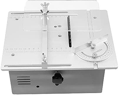 Bulipu Electric Mini Table Saw Wood Cutting Polishing Machine with Miter Gauge Mini Hobby Table Saw Woodworking DIY Crafts Cutting Tool, Silver