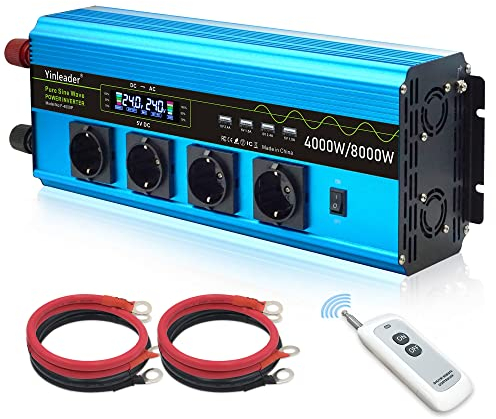 Yinleader 24V auf 230V 4000W Reiner Sinus Wechselrichter Spannungswandler 4 EU Steckdosen und 4 USB-Anschlüsse mit Fernbedienung