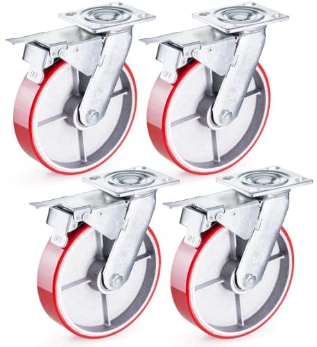 GBL Schwerlastrollen mit 4 Bremsen - 200mm bis zu 1520kg - 4er Set - Geräuscharme Rollen für Möbel - Gummierte Trolley Roller - Rote Transportrollen