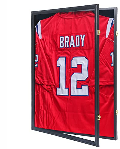 Grintus Trikot-Rahmen-Vitrine, Trikot-Schattenbox mit 98 % UV-Schutz, Acryl und Aufhänger für Baseball, Basketball, Fußball, Hockey, Sportshirt und Uniform, schwarzes Finish