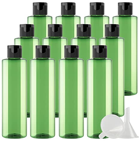 ZEOABSY 12 Pièces 250 ML Vert Bouteille en Plastique avec Bouchon à Charnière Noir, Épaule Plate Vider Bouteille Ronde en PET de Voyage pour Cosmétiques Liquides