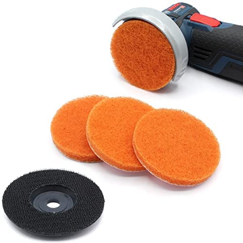 Set 4x Reinigungsscheibe + 1x Schleifteller Poliervlies Schleifvlies Schleifscheiben 76 x 10 mm Reinigungsvlies für Metall Edelstahl Teller 76mm Akku Winkelschleifer (Orange = Korn 1500 + Teller)