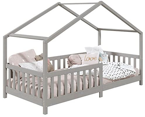 Lit cabane Enfant 90x190 cm LISAN lit Simple Montessori avec Barrières de Protection en Bois Massif lasuré Gris