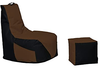 Momiralland Gaming Sitzsack - mit Lehne Sitzkissen - Beanbag- mit Reißverschluss - BodenKissen Sessel In- & Outdoor geeignet - Gaming mit PC Xbox & PlayStation (Schwarz - Braun, Sitzsack + Hocker)