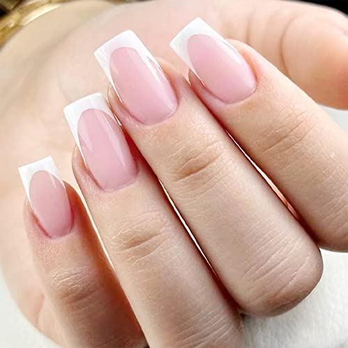24pcs French Tip False White Stick on Short Square Removable Nude Glue-on Press on Fake Nails Women Girls Nail Art Accessories