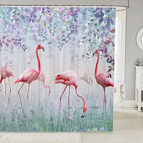 Rosa Flamingo Duschvorhang Botanische Grüne Blätter Bad Vorhang für Badezimmer Badewannen Dekor Tropisch Duschvorhang Textil Lila Bunte Pflanzen Wasserdichte Polyester Badezimmer Vorhänge 180x210cm