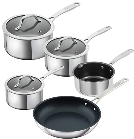 Kuhn Rikon Allround 5-Piece Professional Cookware Set - Stainless Steel Saucepans (1.5L, 2.3L & 3L), Non-Stick Frypan & Milk Pan - Suitable for All hobs - Induction, Gas & Ceramic