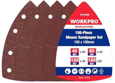 WORKPRO Fogli Abrasivi per Levigatrice 100 Pezzi, Triangoli Abrasivi, Levigatura Lucidatura, Carta Abrasiva, Grane 40/80/120/180 per levigatrici Multiple