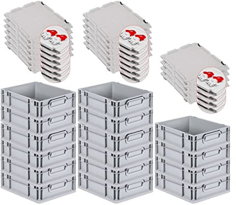 PROREGAL SuperSparSet 16x Eurobox NextGen Grip mit Scharnierdeckel und roten Schiebeschnappverschlüssen, HxBxT 12x30x40cm, 11 L, Grau, Griffe geschlossen, Eurobehälter, Transportbox