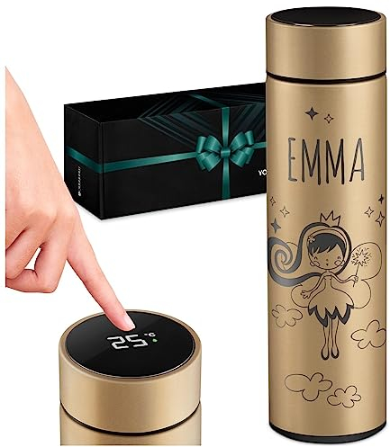 Maverton Tazza termica tè caffè 450 ml - thermos con incisione personalizzata in acciaio inox - coperchio ermetico one-touch - borraccia termica display led - per donna - gold - Fata
