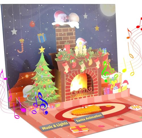 WUJUN Musikalische Weihnachtskarte, 3D Weihnachten Pop Up Karten mit Lichtern und Musik von Frohe Weihnachten, doppelseitiges Muster Design Urlaub Grußkarte (Weihnachtsmann Animation)