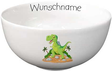 Doriantrade Müslischale Kinder Porridge Schale Porzellan personalisierbar mit Wunschname Name Kindergeschirr mit Namen personalisiert (Dinosaurier)
