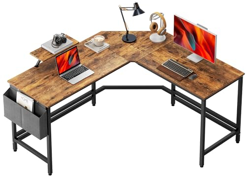 DlandHome Computer-Eckschreibtisch mit Aufbewahrung, 150 + 120 cm, für Büro, Gaming, Eckschreibtisch, L-Form, für Computer, mit Ständer aus Holz, für Haus und Büro, Vintage, Farbe