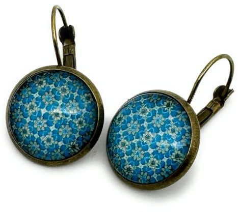 Boucles d'Oreilles femme Dormeuses cabochon verre fleurs bleues