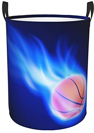 LAMAME Blauer Feuer-Basketball-bedruckter einzelner Wäschekorb Runde Aufbewahrungsbox Aufbewahrungskorb Tasche