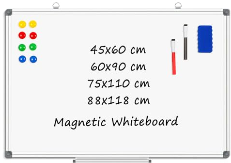 4 THOUGHT Whiteboard 60 x 90 cm Magnetic A1 Large White Board for Wall with 2 Markers Pens 8 Magnets and 1 Eraser Whiteboards Dry Erase Board for Home Kitchen Office School 600mm x 900mm